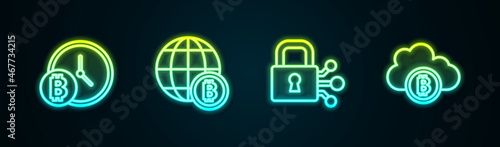 Set line Bitcoin with clock, Globe, Lock bitcoin and Cryptocurrency cloud mining. Glowing neon icon. Vector