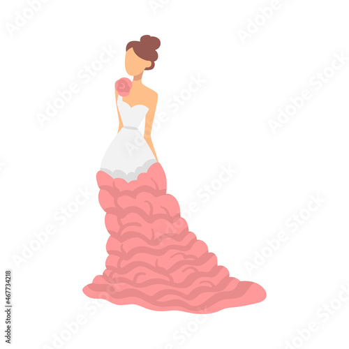 Bride in White and Pink Wedding Dress Standing as Newlywed or Just Married Female Vector Illustration