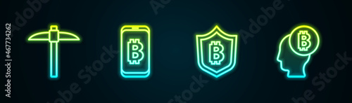 Set line Pickaxe, Mining bitcoin from mobile, Shield with and Bitcoin think. Glowing neon icon. Vector