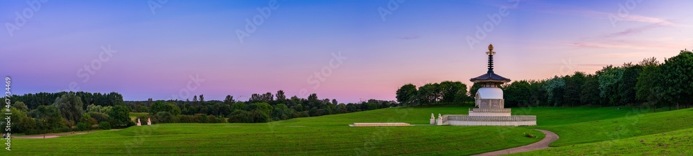 Sunset panorama of peace pagoda at Willen Park in Milton Keynes. England