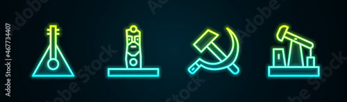 Set line Balalaika, Slavic pagan idol, Hammer and sickle USSR and Oil pump or pump jack. Glowing neon icon. Vector
