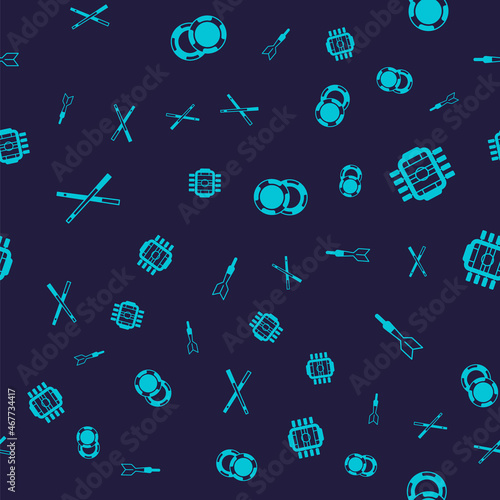 Set Crossed billiard cues, Table football, Casino chips and Dart arrow on seamless pattern. Vector