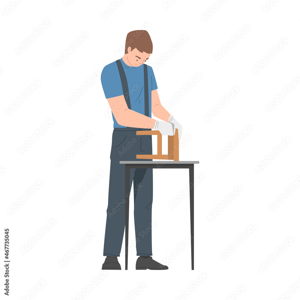 Young Man in Overall Assembling and Installing Wooden Furniture Vector Illustration Young Man in Overall Assembling and Installing Wooden Furniture Vector Illustration