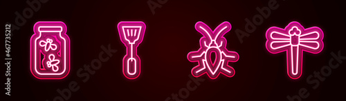 Set line Fireflies bugs in a jar, Fly swatter, Cockroach and Dragonfly. Glowing neon icon. Vector