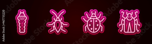 Set line Larva insect, Cockroach, Mite and Beetle bug. Glowing neon icon. Vector
