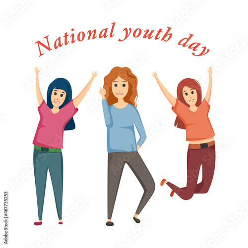 Joyful girls celebrating national youth day. Vector cartoon illustration. © Rata