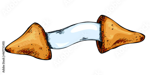 Vector hand drawn chinese fortune cookies isolated on white backgrounds. Food illustration. Crisp cookie with a blank piece of paper inside. For print, web, design, decor.