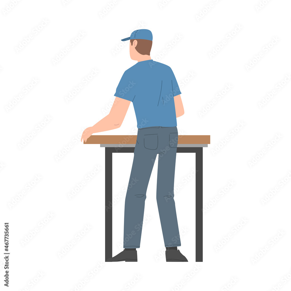 Young Man in Blue Cap Assembling and Installing Wooden Furniture Vector Illustration Young Man in Blue Cap Assembling and Installing Wooden Furniture Vector Illustration