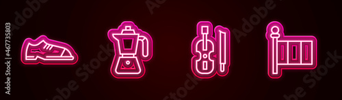Set line Men shoes, Coffee moca pot, Violin and Flag Italy. Glowing neon icon. Vector