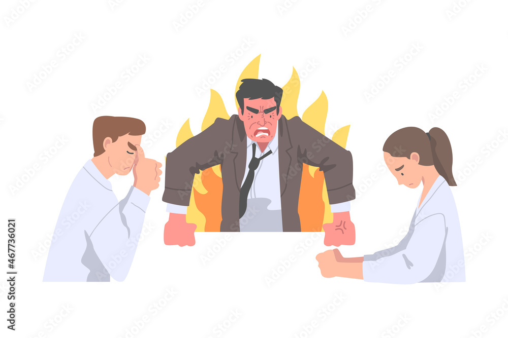 Furious Chief Screaming and Yelling in Anger at Scared Employee Vector Illustration Furious Chief Screaming and Yelling in Anger at Scared Employee Vector Illustration
