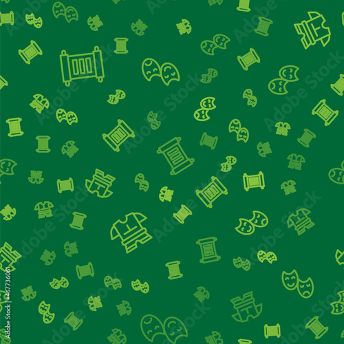 Set line Decree, parchment, scroll, Body armor and Comedy and tragedy masks on seamless pattern. Vector