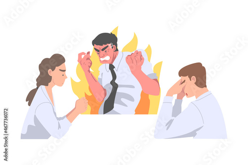 Furious Chief Screaming and Yelling in Anger at Scared Employee Vector Illustration