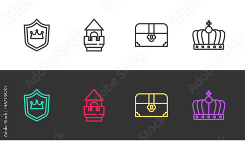 Set line Shield with crown, Castle tower, Antique treasure chest and King on black and white. Vector