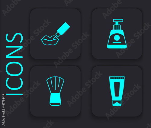 Set Cream or lotion cosmetic tube, Lip augmentation, and Makeup brush icon. Black square button. Vector