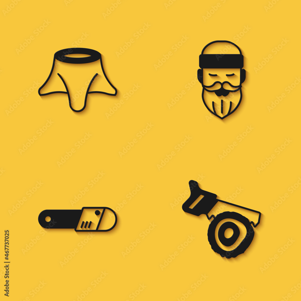 Set Tree stump, Hand saw and log, Chainsaw and Lumberjack icon with long shadow. Vector