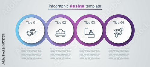 Set line Two Linked Hearts, Bedroom, Diamond engagement ring and Gender. Business infographic template. Vector