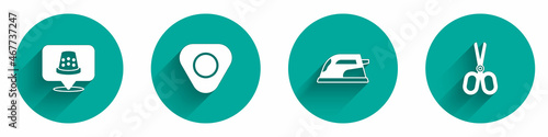 Set Thimble for sewing, Sewing chalk, Electric iron and Scissors icon with long shadow. Vector