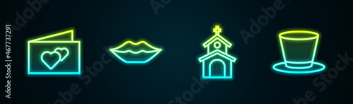 Set line Greeting card, Smiling lips, Church building and Cylinder hat. Glowing neon icon. Vector
