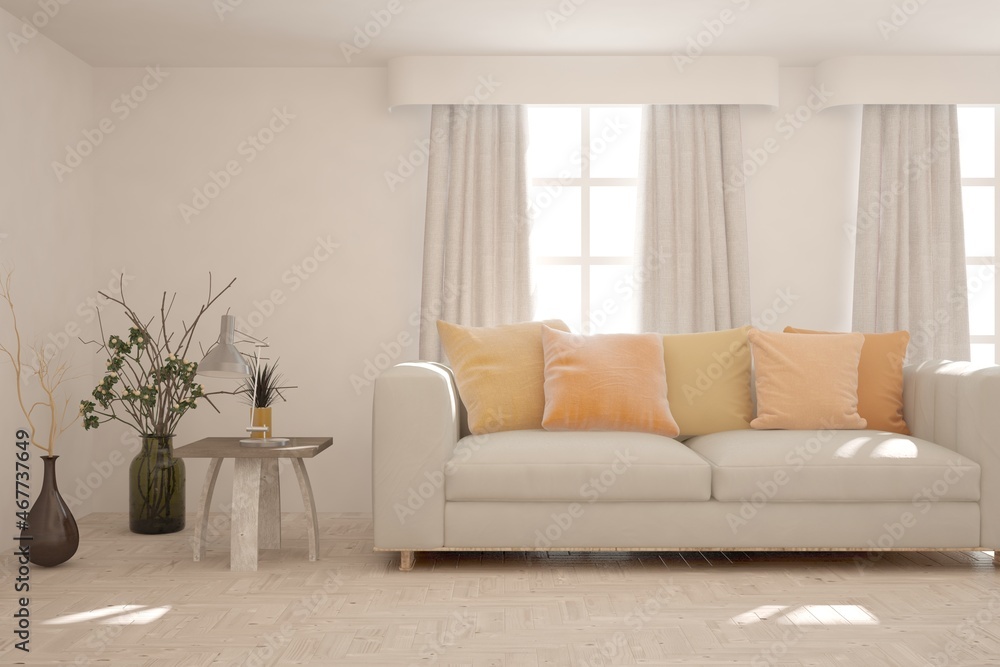 Naklejka premium White living room with sofa. Scandinavian interior design. 3D illustration