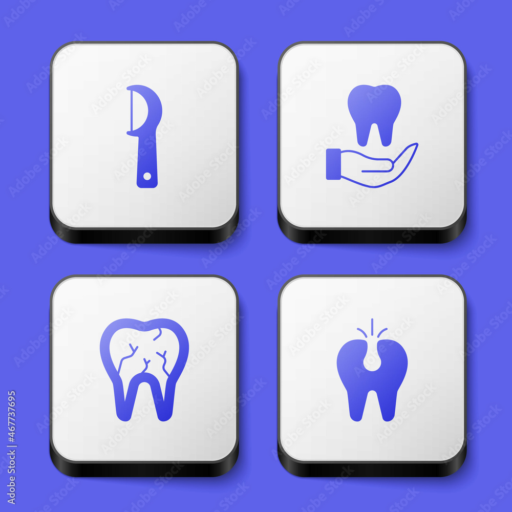 Set Dental floss, Tooth, Broken tooth and icon. White square button. Vector Set Dental floss, Tooth, Broken tooth and icon. White square button. Vector