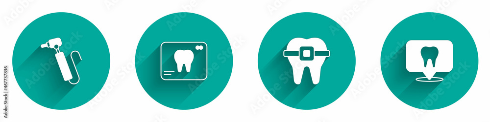 Set Tooth drill, X-ray of tooth, Teeth with braces and Dental clinic location icon with long shadow. Vector Set Tooth drill, X-ray of tooth, Teeth with braces and Dental clinic location icon with long shadow. Vector