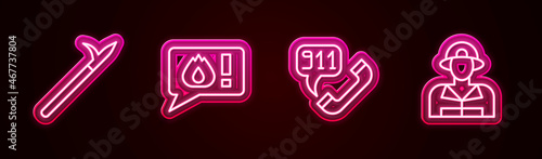 Set line Metal pike pole, Telephone call 911, and Firefighter. Glowing neon icon. Vector