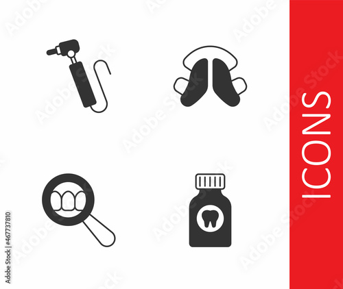 Set Toothache painkiller tablet, drill, Dental search and tooth plate icon. Vector