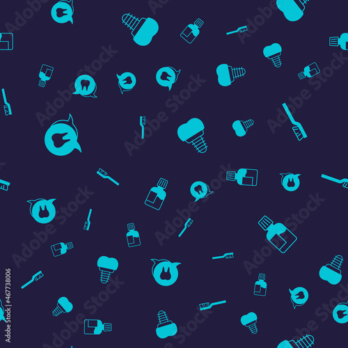 Set Tooth, Toothbrush, Dental implant and Mouthwash on seamless pattern. Vector