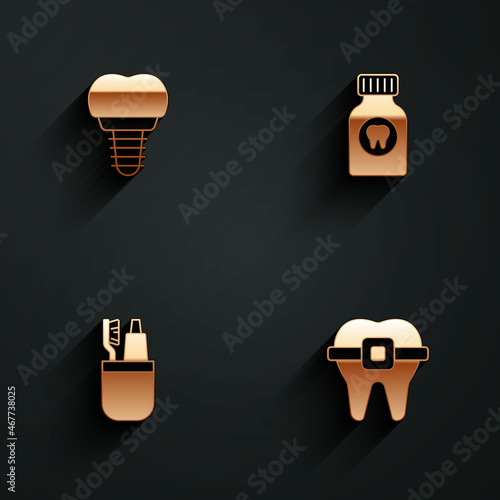 Set Dental implant, Toothache painkiller tablet, Toothbrush and toothpaste and Teeth with braces icon with long shadow. Vector