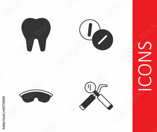 Set Dental mirror and probe, Tooth, Safety goggle glasses and Toothache painkiller tablet icon. Vector