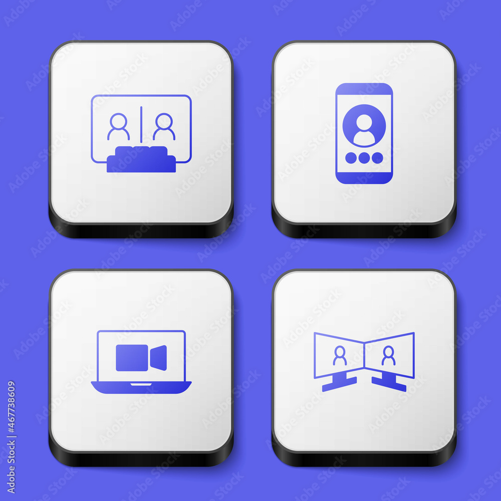 Set Video chat conference, and icon. White square button. Vector Set Video chat conference, and icon. White square button. Vector
