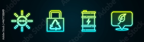 Set line Solar energy panel, Paper bag with recycle, Bio fuel barrel and Location leaf. Glowing neon icon. Vector
