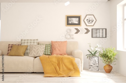 White living room with orange furniture. Scandinavian interior design. 3D illustration