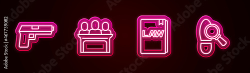 Set line Pistol or gun, Jurors, Law book and Footsteps. Glowing neon icon. Vector