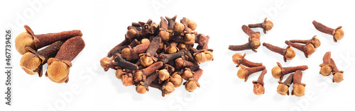 Set of spice clove (Syzygium aromaticum) scattering and bunch on white background isolated. Close up
