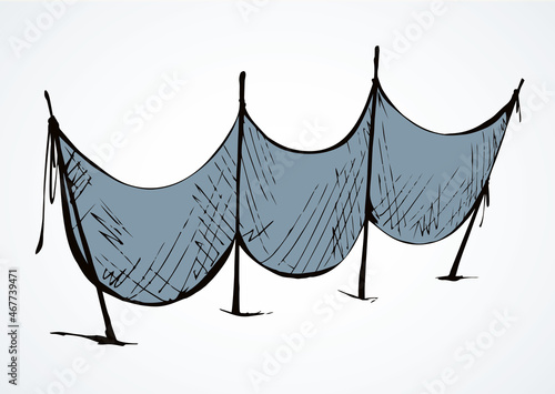 The fishing net dries on the shore. Vector drawing