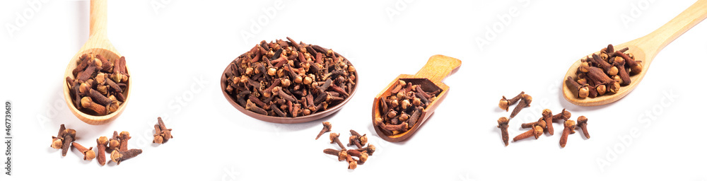 Set of spice clove (Syzygium aromaticum) in wooden spoon and scoop, clay plate, scattering on white background isolated. Close up, macro Set of spice clove (Syzygium aromaticum) in wooden spoon and scoop, clay plate, scattering on white background isolated. Close up, macro