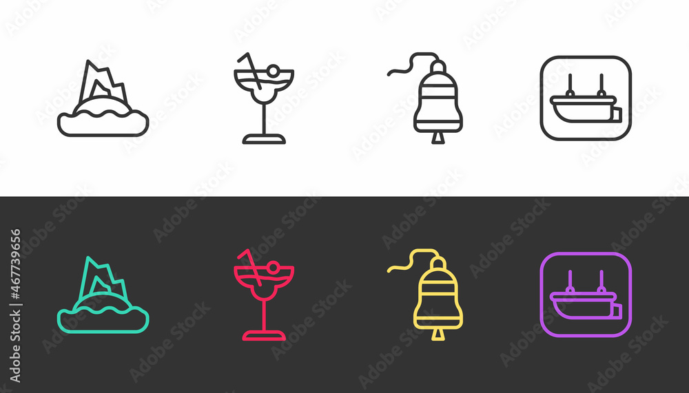 Set line Tropical island in ocean, Cocktail, Ship bell and Lifeboat on black and white. Vector Set line Tropical island in ocean, Cocktail, Ship bell and Lifeboat on black and white. Vector