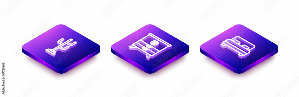 Set Isometric line Coat stand, Chest of drawers and Big bed icon. Vector Set Isometric line Coat stand, Chest of drawers and Big bed icon. Vector
