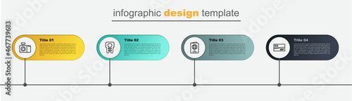 Set line Postcard travel, Passport, Life jacket and Photo camera. Business infographic template. Vector