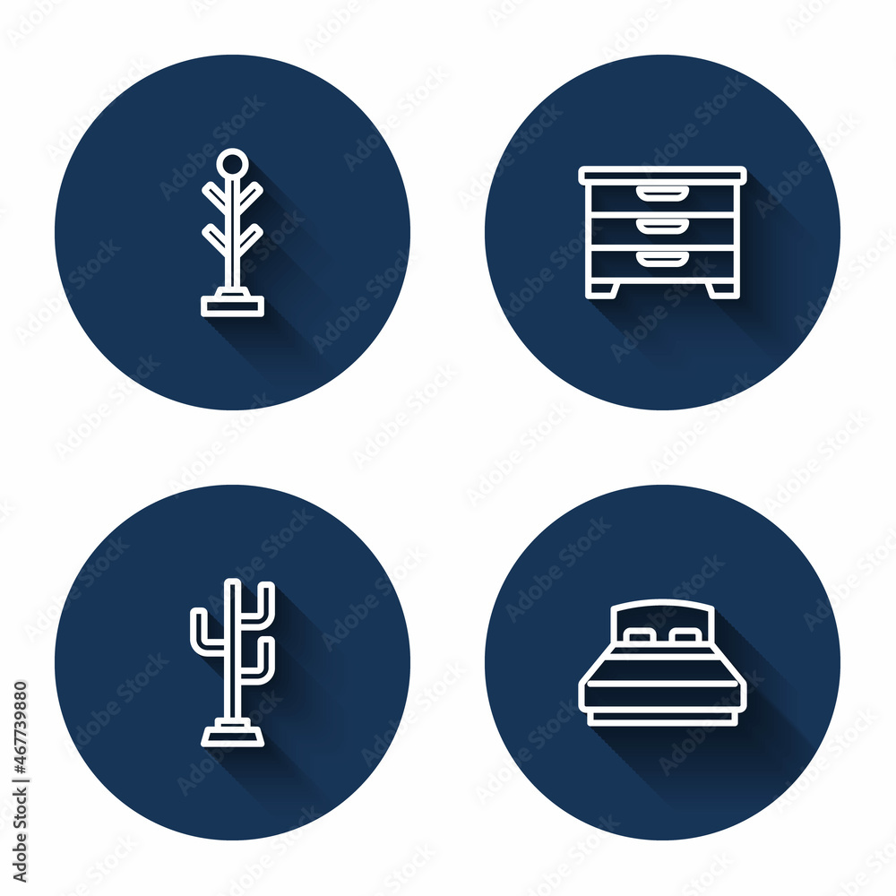 Set line Coat stand, Chest of drawers, and Big bed with long shadow. Blue circle button. Vector Set line Coat stand, Chest of drawers, and Big bed with long shadow. Blue circle button. Vector