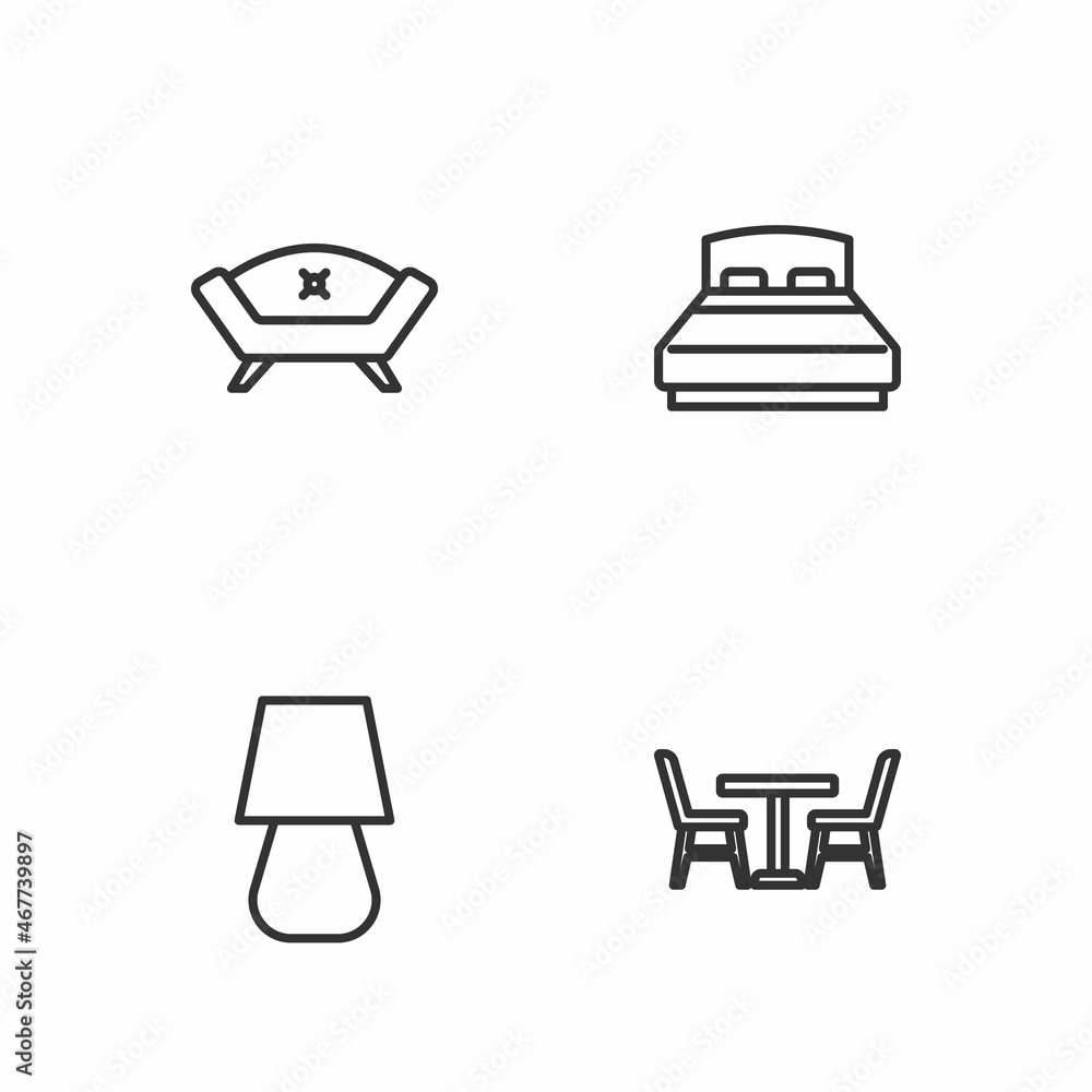Set line Table with chair, lamp, Sofa and Big bed icon. Vector Set line Table with chair, lamp, Sofa and Big bed icon. Vector
