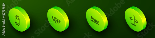 Set Isometric line Suitcase, Aviation emblem, Plane and icon. Vector