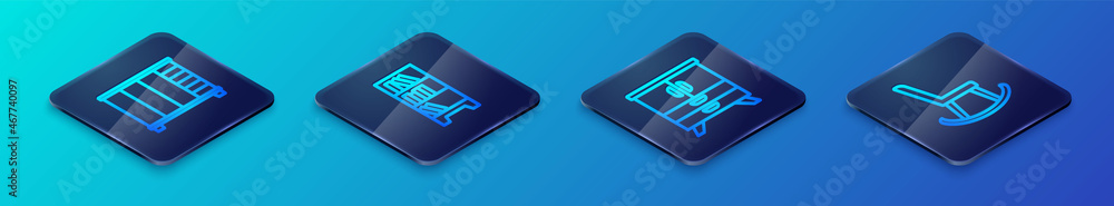 Set Isometric line Chest of drawers, Wardrobe, Armchair and Library bookshelf icon. Vector Set Isometric line Chest of drawers, Wardrobe, Armchair and Library bookshelf icon. Vector