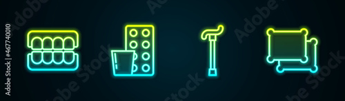 Set line False jaw, Pills in blister pack, Walking stick cane and Pillow. Glowing neon icon. Vector