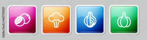 Set line Orange fruit, Broccoli, Onion and Garlic. Colorful square button. Vector