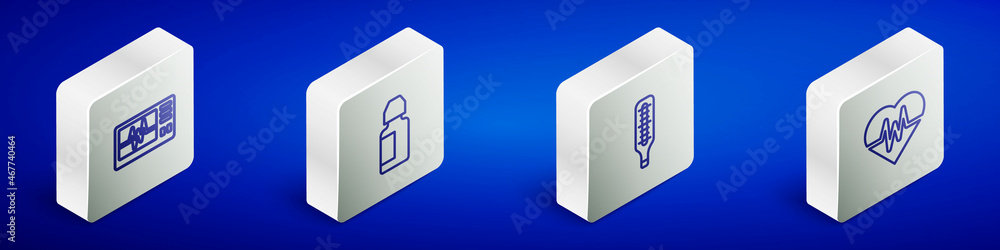 Set Isometric line Monitor with cardiogram, Eye drop bottle, Medical thermometer and Heart rate icon. Vector Set Isometric line Monitor with cardiogram, Eye drop bottle, Medical thermometer and Heart rate icon. Vector