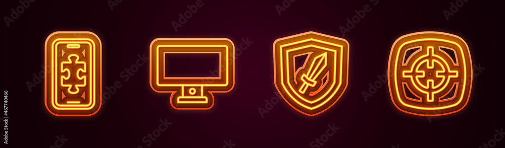 Set line Mobile gaming, Computer monitor, Sword for game and Target sport. Glowing neon icon. Vector Set line Mobile gaming, Computer monitor, Sword for game and Target sport. Glowing neon icon. Vector