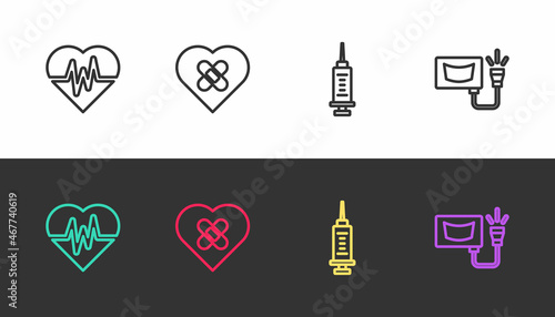 Set line Heart rate, Healed broken heart, Syringe and Ultrasound on black and white. Vector