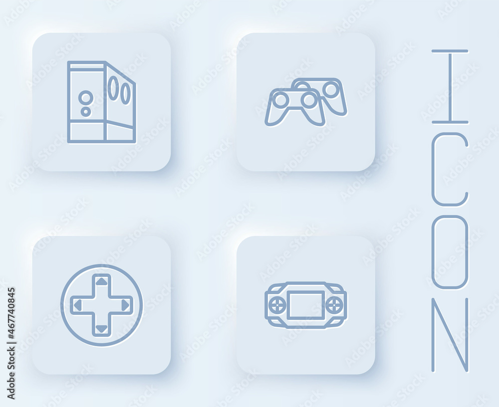 Set line Case of computer, Game controller or joystick, and Portable video game console. White square button. Vector Set line Case of computer, Game controller or joystick, and Portable video game console. White square button. Vector